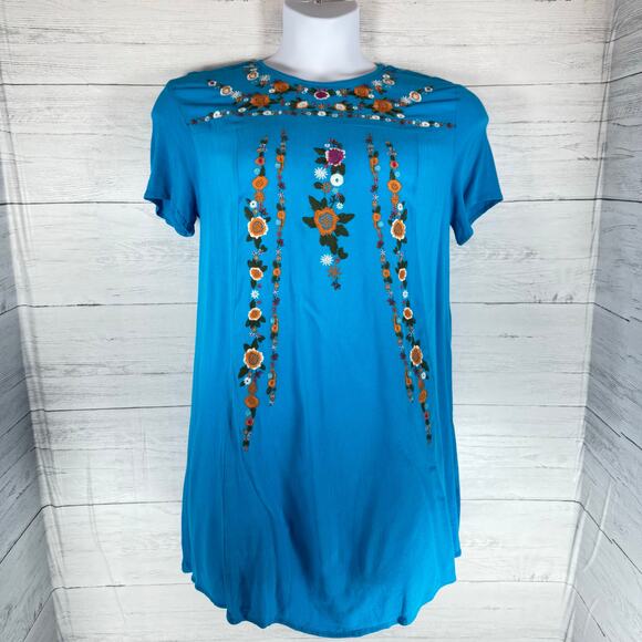 Umgee Tops - Umgee women Large aqua blue Floral Embroidered Peasant Babydoll cottage coquette
